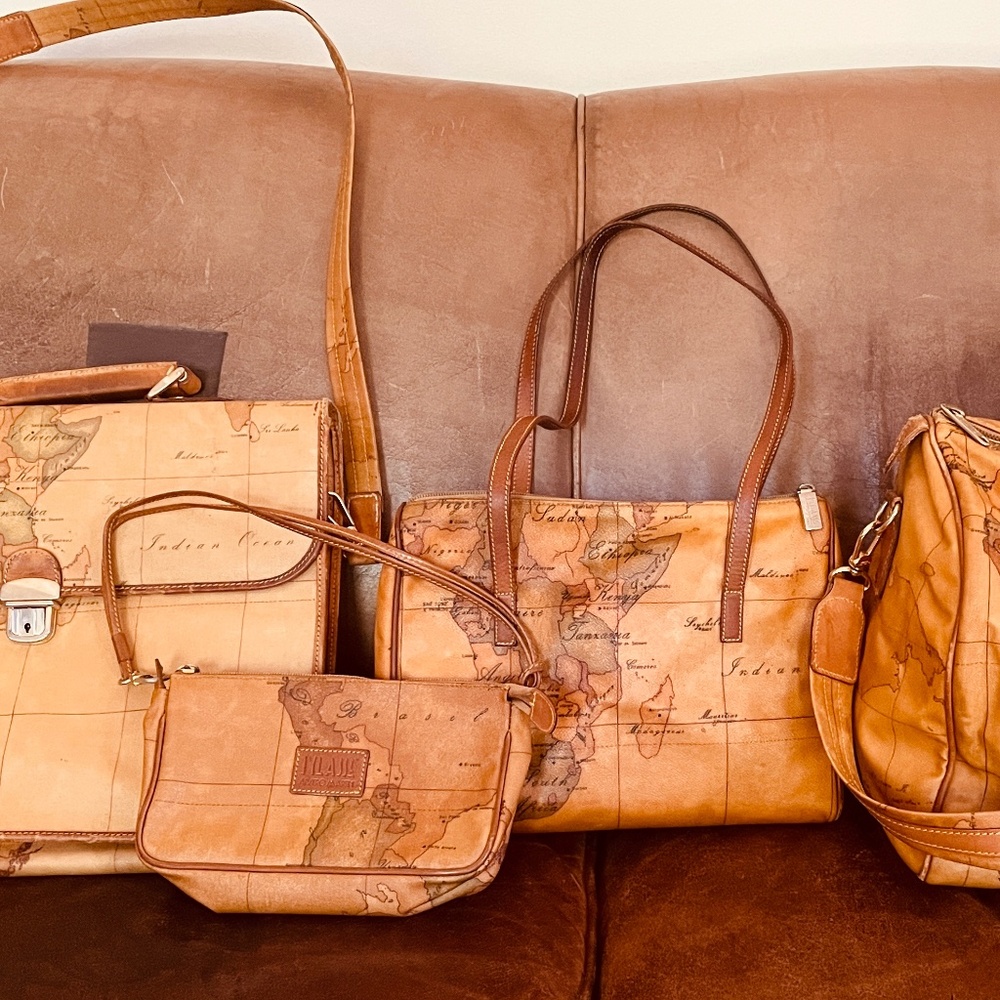 Alviero Martini Map-Print Leather Clutch & Tote Set in Tan and Brown